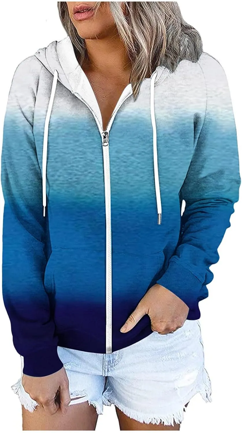 Winter Coats for Women Full Zip Drawstring Hoodies Gradient Long Sleeve Fall Jackets with Pockets Outdoor