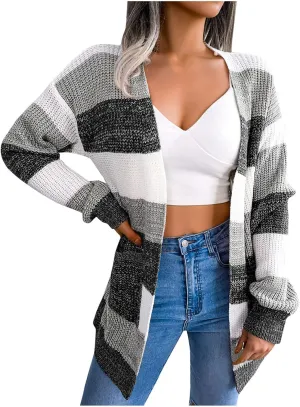 Winter Jackets for Women Plus Size Color Block Striped Cardigan Long Sleeve Lounge Sweater Tops Outerwear