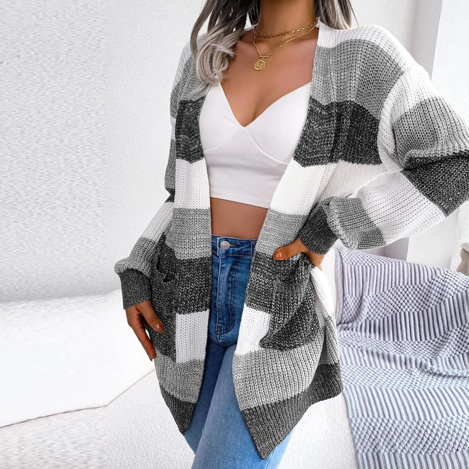 Winter Jackets for Women Plus Size Color Block Striped Cardigan Long Sleeve Lounge Sweater Tops Outerwear