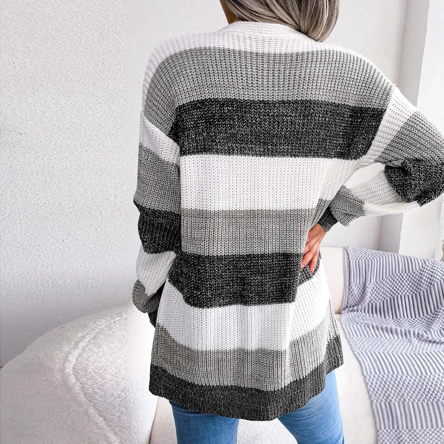Winter Jackets for Women Plus Size Color Block Striped Cardigan Long Sleeve Lounge Sweater Tops Outerwear