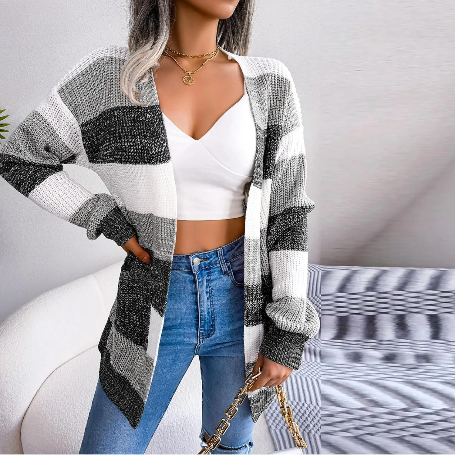 Winter Jackets for Women Plus Size Color Block Striped Cardigan Long Sleeve Lounge Sweater Tops Outerwear