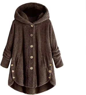 Winter Jackets for Women Warm Open Front Button Down Hooded Cardigan Jacket Sherpa Lined Fuzzy Fleece Casual Coats