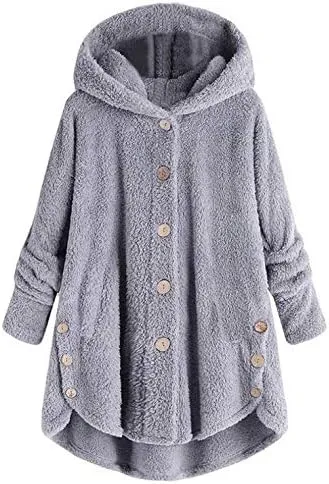 Winter Jackets for Women Warm Open Front Button Down Hooded Cardigan Jacket Sherpa Lined Fuzzy Fleece Casual Coats