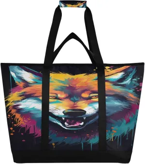 Wolf Watercolor Tote Bag for Women with Zipper Reusable Grocery Bags Foldable Insulated Cooler Bag Shopping Bags Totes Handbags for Groceries Picnic Travel Beach Work