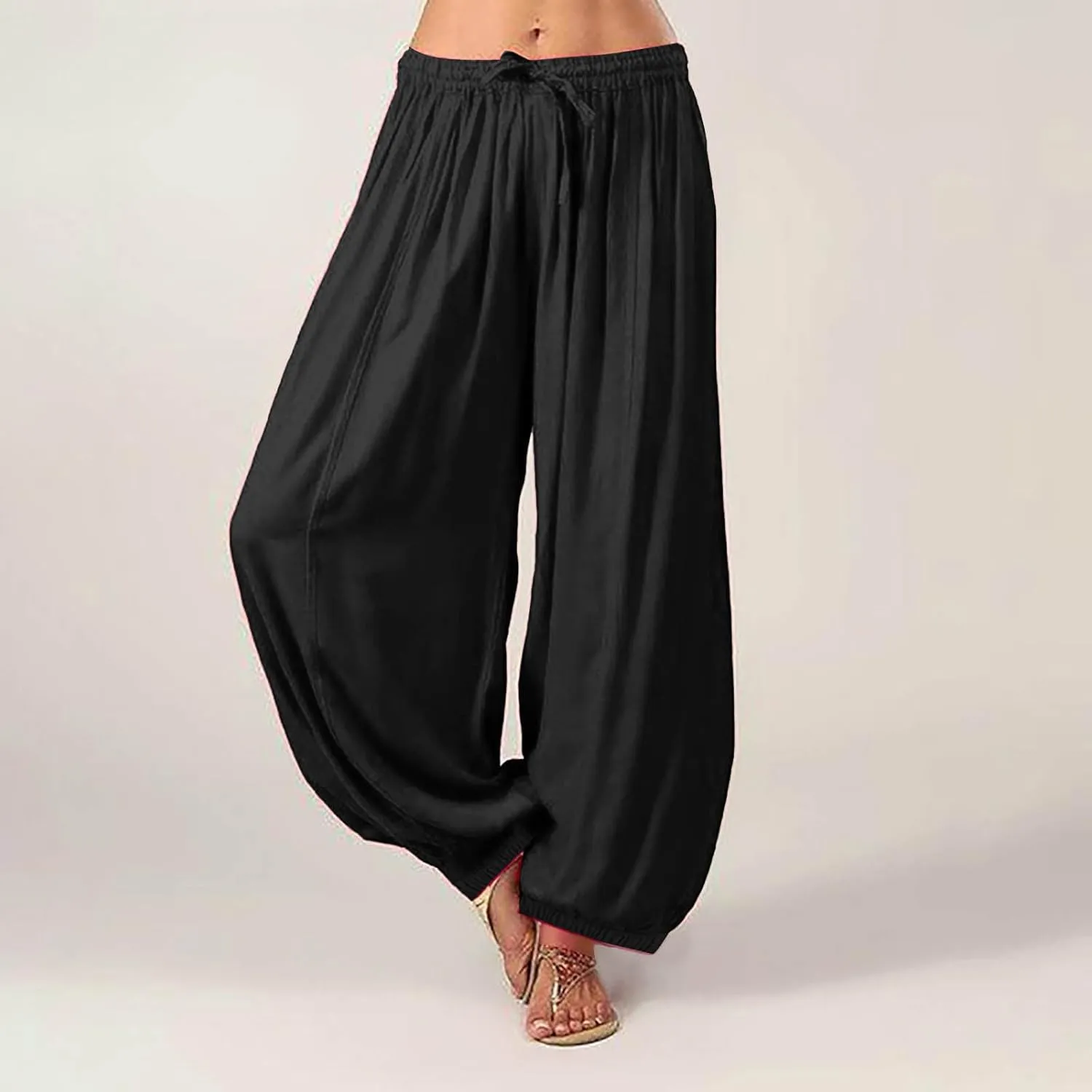 Women Baggy Pants Linen Harem Pants Comfy Wide Leg Yoga Pants Drawstring Palazzo Pants Loose Trousers Lounge Pants