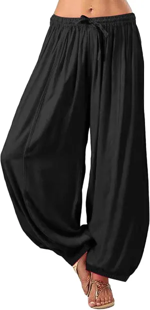 Women Baggy Pants Linen Harem Pants Comfy Wide Leg Yoga Pants Drawstring Palazzo Pants Loose Trousers Lounge Pants