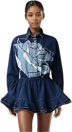 Women Denim Long Sleeves Printed Design Ball Gown Jeans Dress
