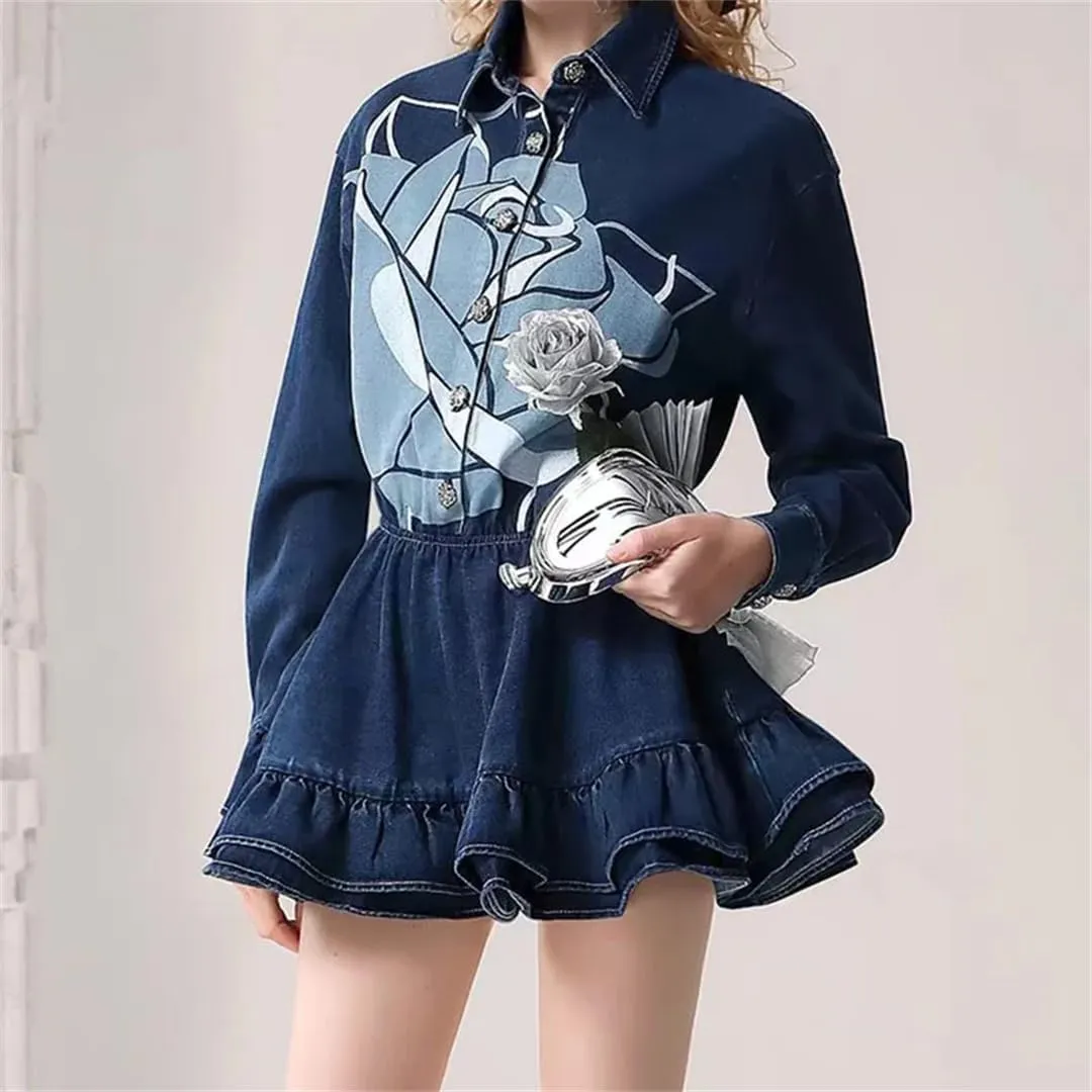 Women Denim Long Sleeves Printed Design Ball Gown Jeans Dress