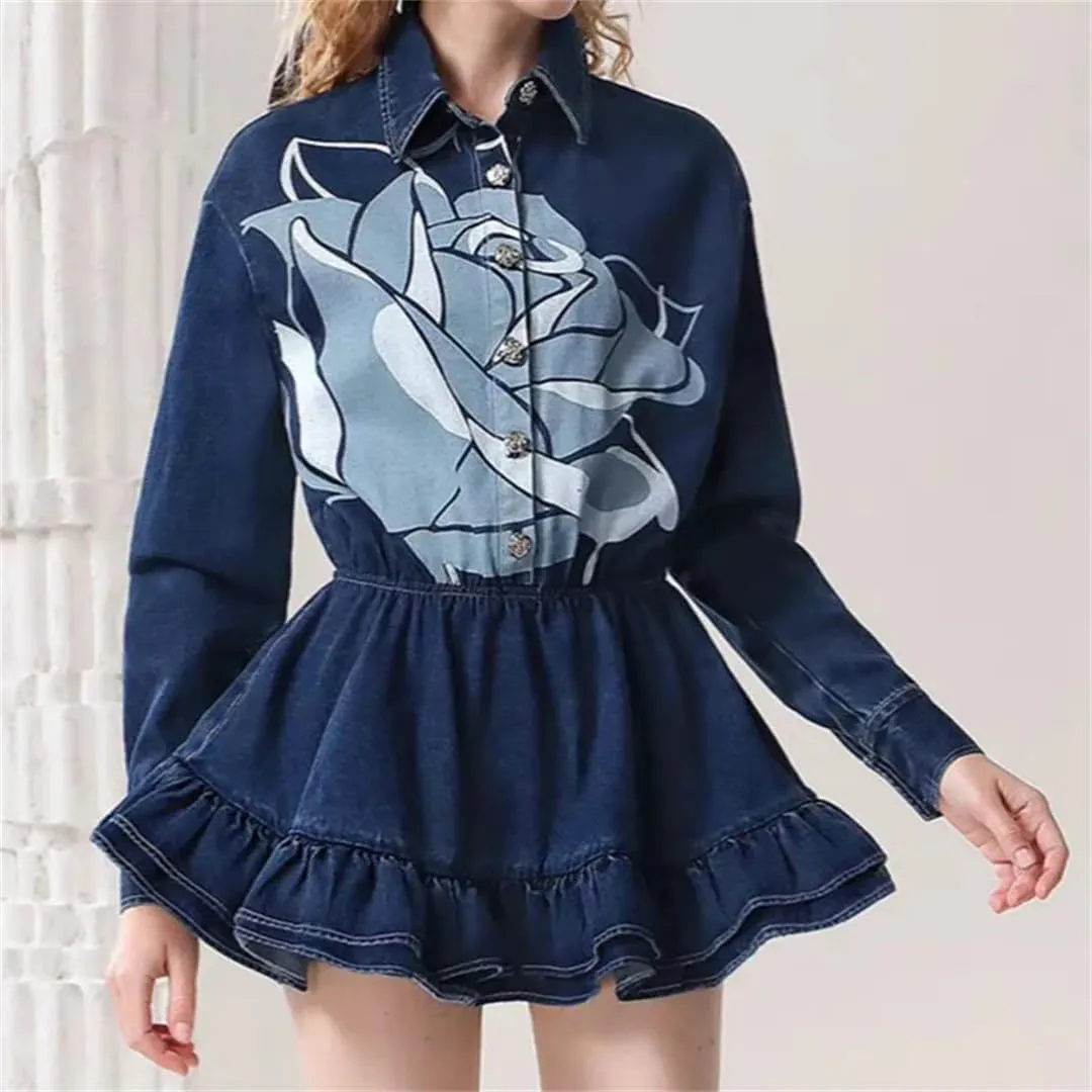 Women Denim Long Sleeves Printed Design Ball Gown Jeans Dress