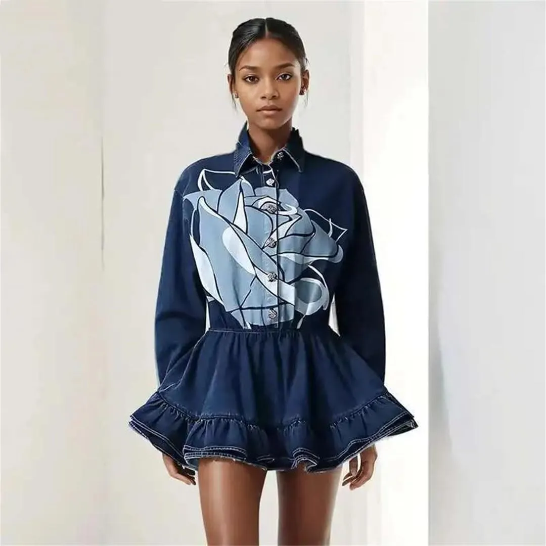 Women Denim Long Sleeves Printed Design Ball Gown Jeans Dress