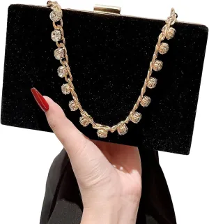 Women Evening Bag Clutch Purse, Handbag with Rhinestones Chain Strap for Wedding Cocktail Party Velvet Solid Color, As the Picture