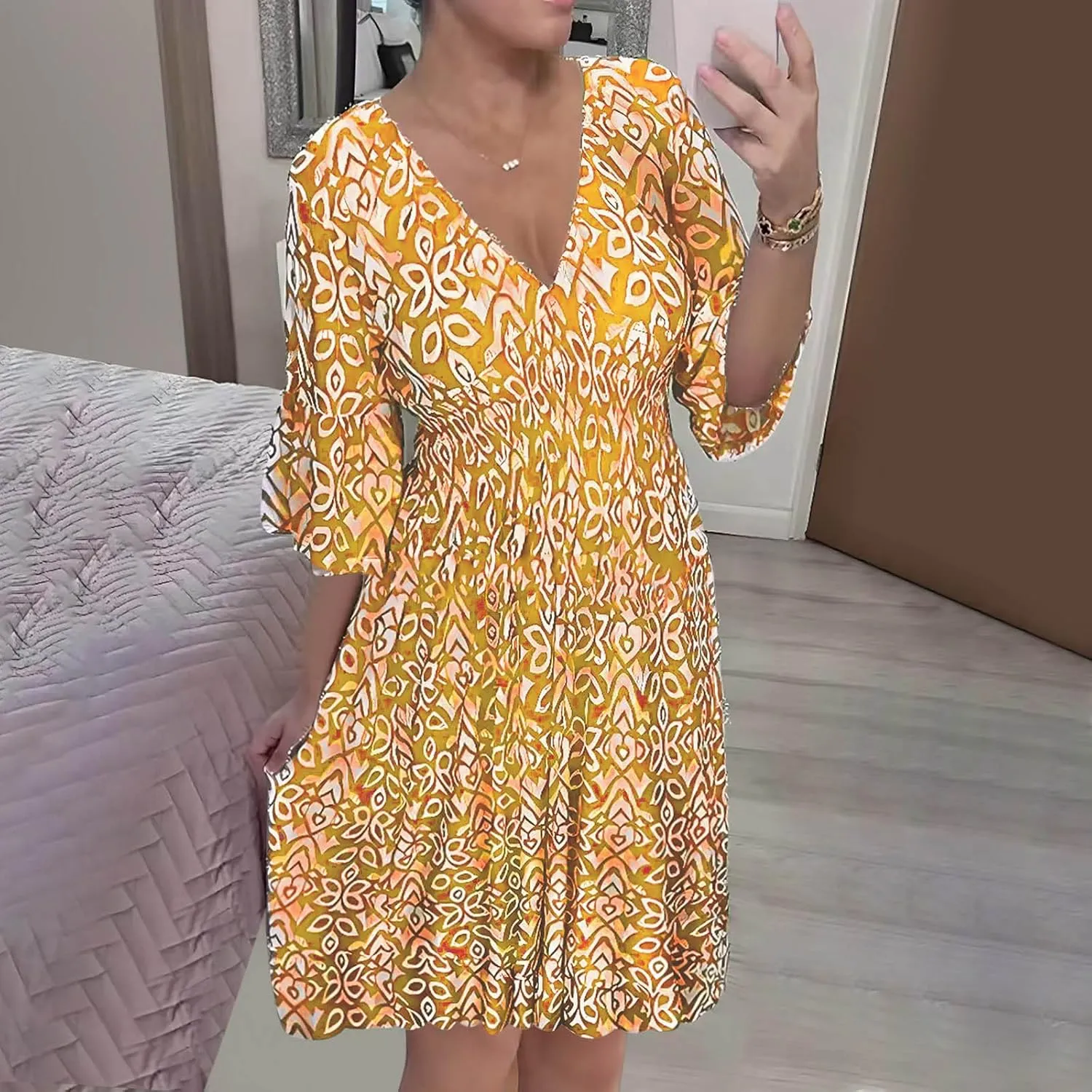 Women Floral Dresses 2024 Boho Casual Summer Dresses Flowy Vneck 3/4 Sleeve Dress Bohemian Beach Vacation Cute Clothes