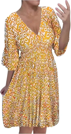 Women Floral Dresses 2024 Boho Casual Summer Dresses Flowy Vneck 3/4 Sleeve Dress Bohemian Beach Vacation Cute Clothes