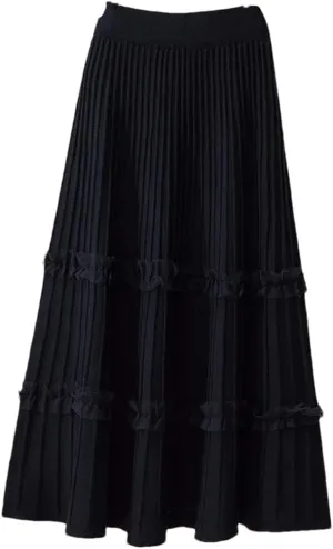 Women Lace Ruffle Knitted Midi Pleated Skirt High Waist Solid Skirt Stitching A-Line Skirt