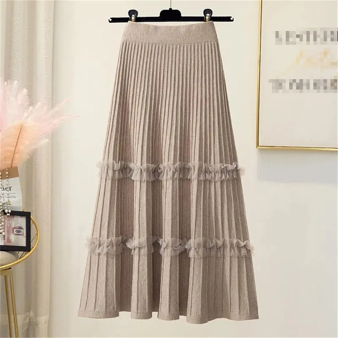 Women Lace Ruffle Knitted Midi Pleated Skirt High Waist Solid Skirt Stitching A-Line Skirt