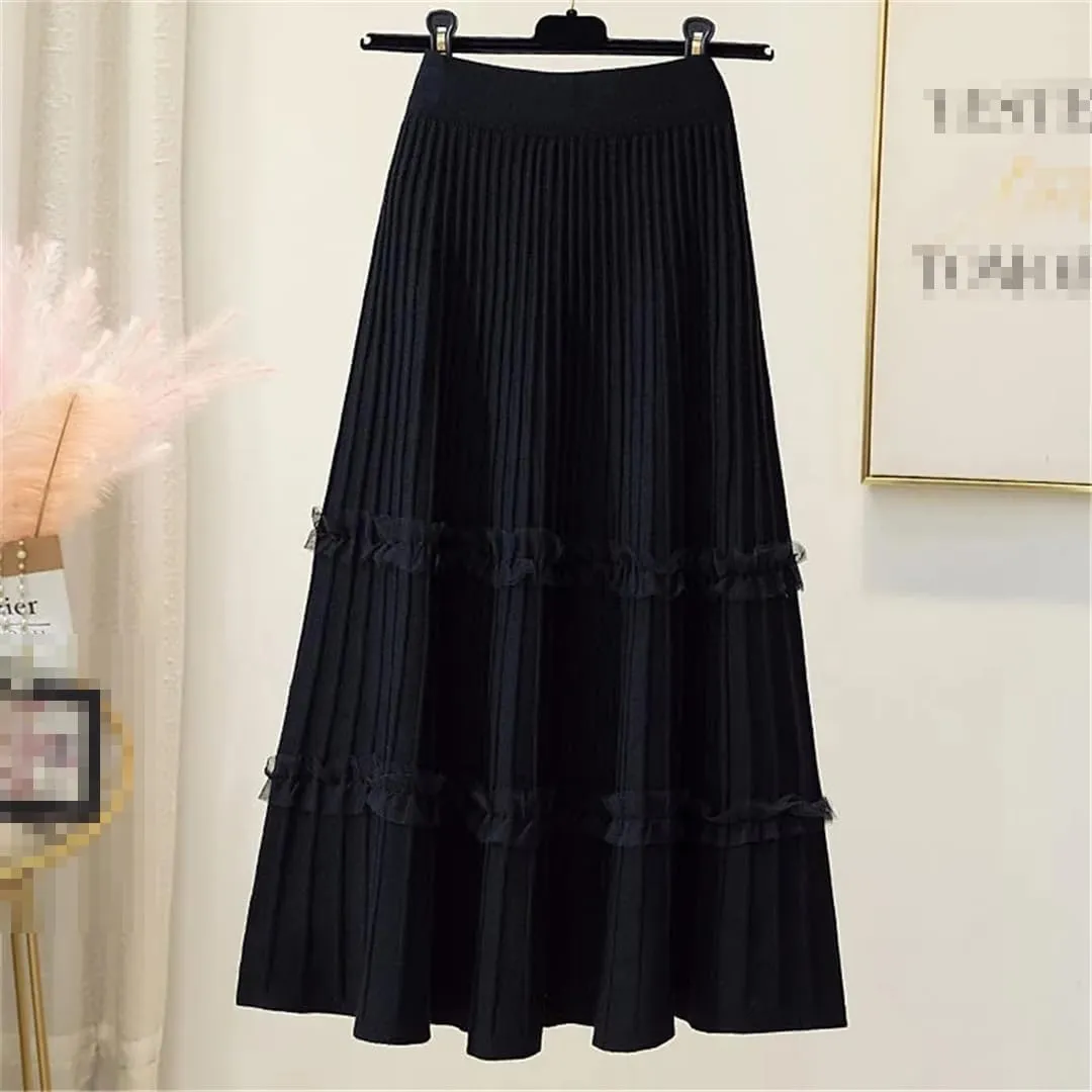 Women Lace Ruffle Knitted Midi Pleated Skirt High Waist Solid Skirt Stitching A-Line Skirt