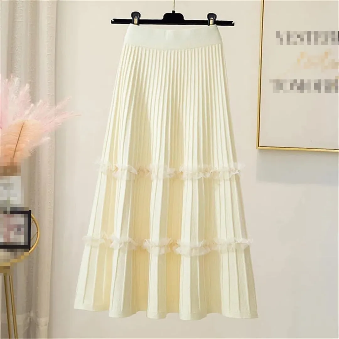 Women Lace Ruffle Knitted Midi Pleated Skirt High Waist Solid Skirt Stitching A-Line Skirt