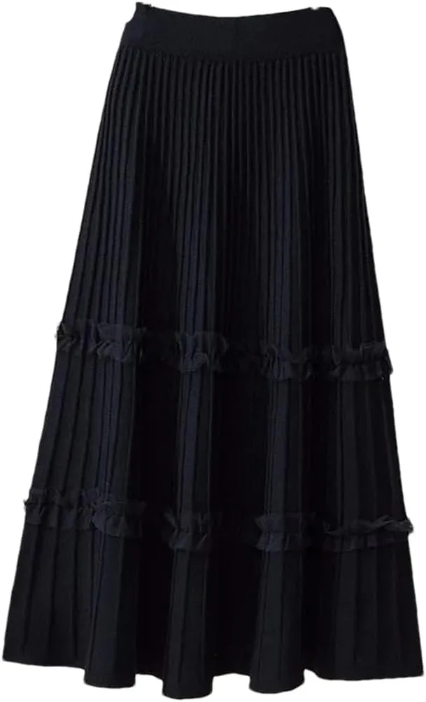 Women Lace Ruffle Knitted Midi Pleated Skirt High Waist Solid Skirt Stitching A-Line Skirt