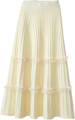Women Lace Ruffle Knitted Midi Pleated Skirt High Waist Solid Skirt Stitching A-Line Skirt
