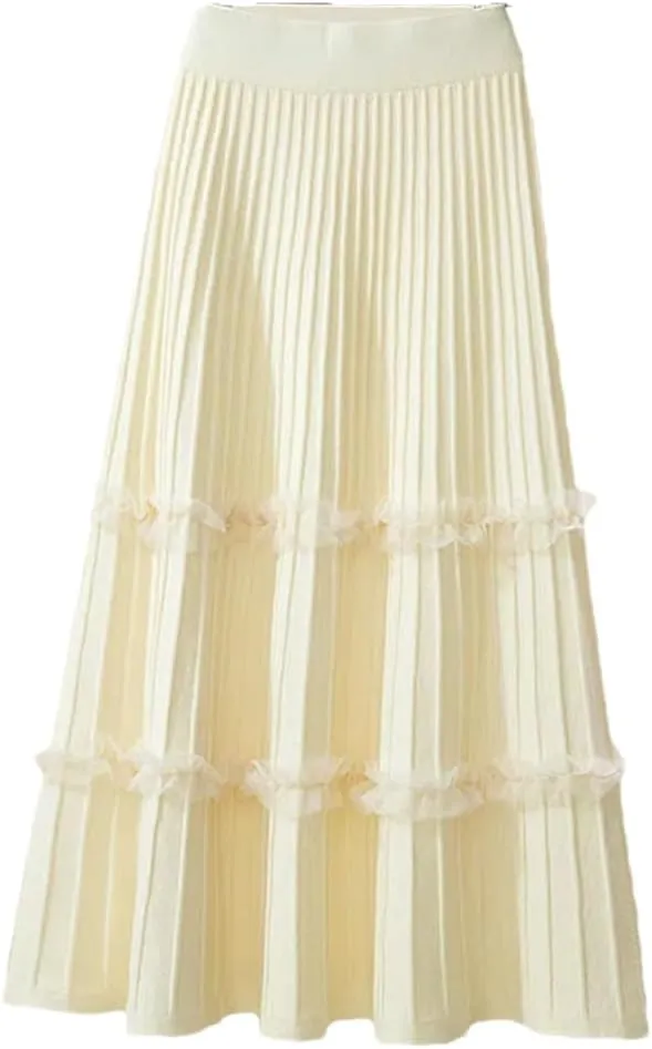 Women Lace Ruffle Knitted Midi Pleated Skirt High Waist Solid Skirt Stitching A-Line Skirt