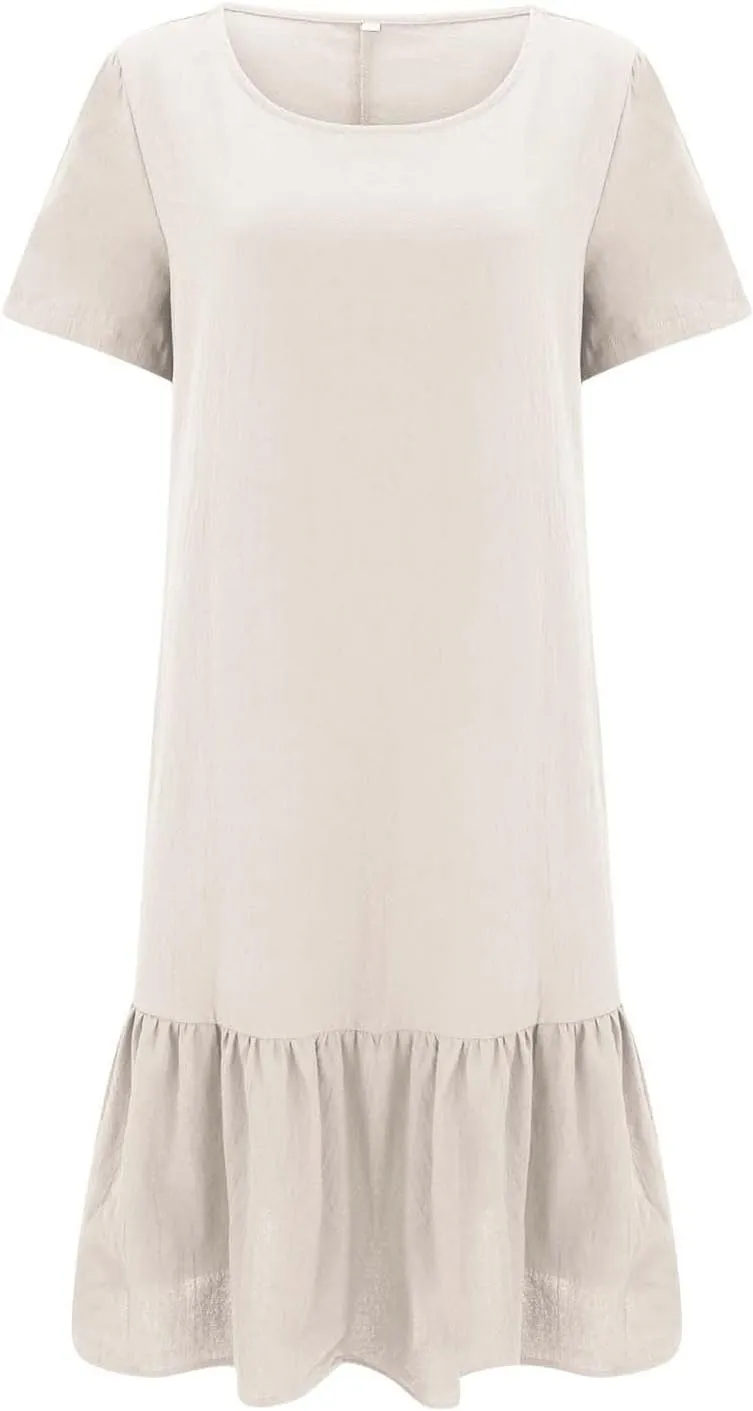 Women Linen Dresses Short Sleeve V Neck Long Dress Irregular Hem Casual Summer Cotton Linen Dress Fashion Maxi Dress