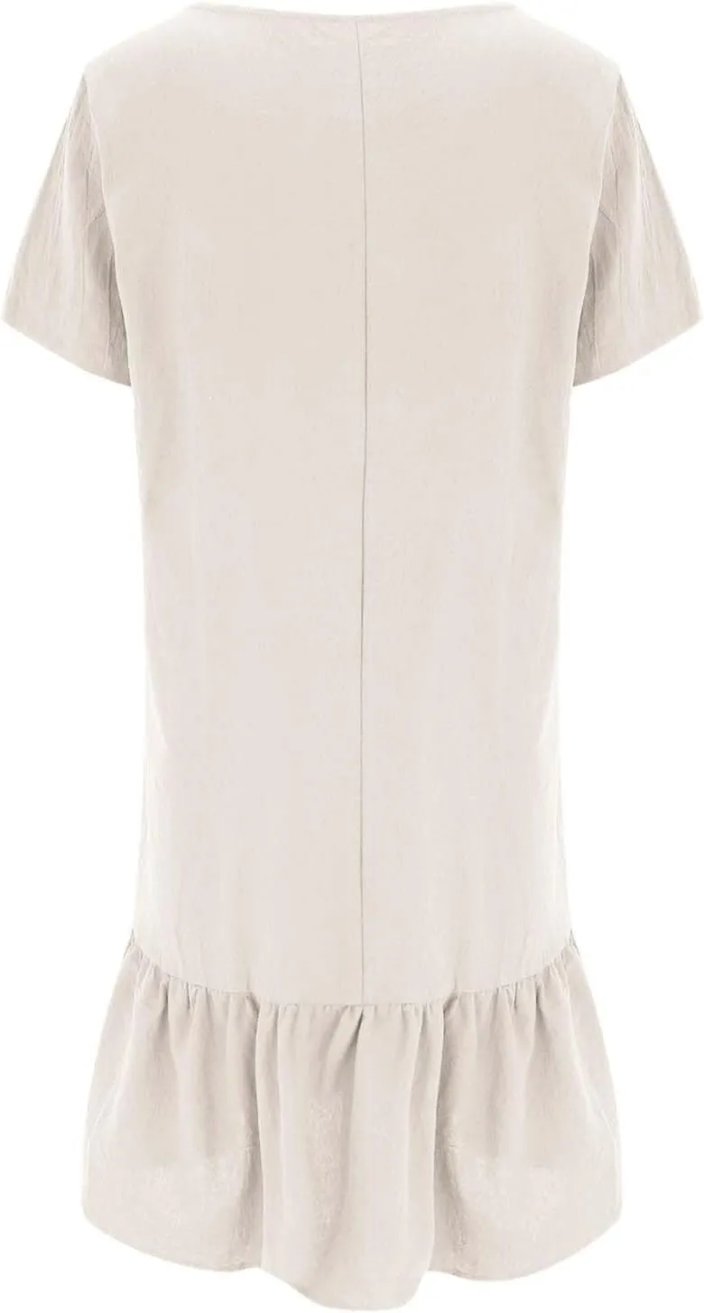 Women Linen Dresses Short Sleeve V Neck Long Dress Irregular Hem Casual Summer Cotton Linen Dress Fashion Maxi Dress