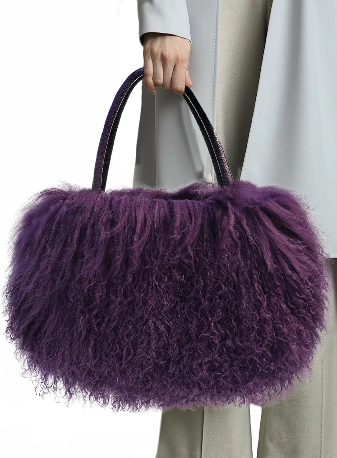 Women Luxury Real Lamb Mongolian Flush Wool Fur With Genuine Leather Handles Handbag