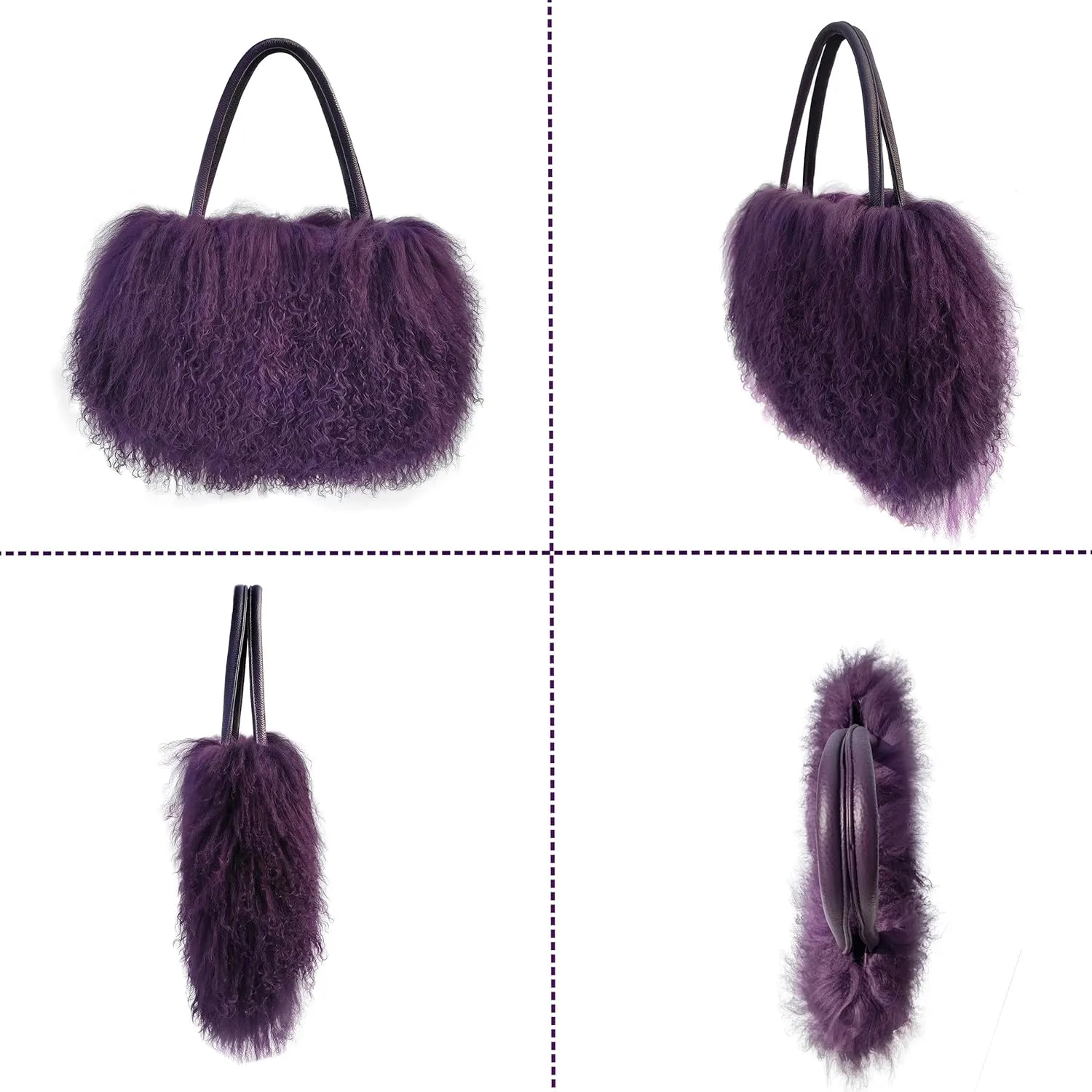 Women Luxury Real Lamb Mongolian Flush Wool Fur With Genuine Leather Handles Handbag
