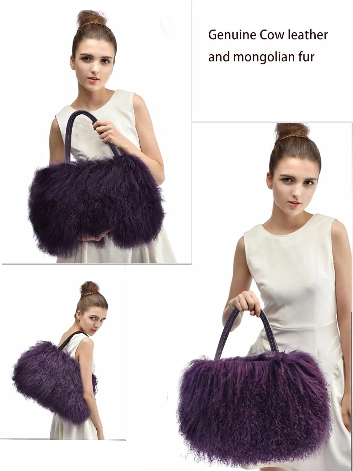 Women Luxury Real Lamb Mongolian Flush Wool Fur With Genuine Leather Handles Handbag
