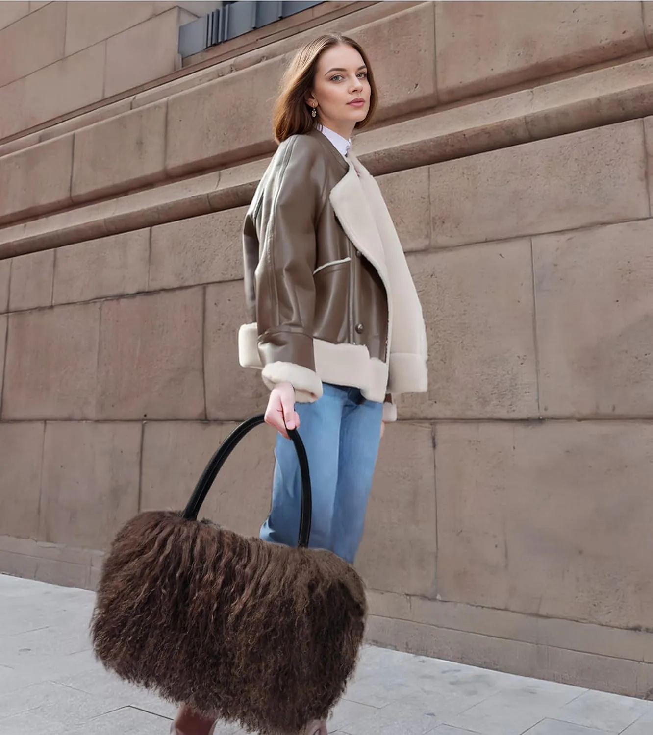 Women Luxury Real Lamb Mongolian Flush Wool Fur With Genuine Leather Handles Handbag