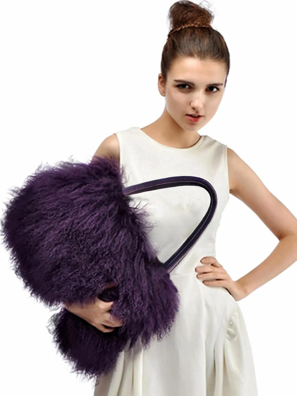 Women Luxury Real Lamb Mongolian Flush Wool Fur With Genuine Leather Handles Handbag