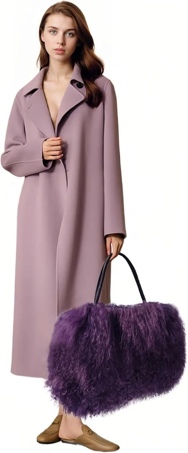 Women Luxury Real Lamb Mongolian Flush Wool Fur With Genuine Leather Handles Handbag