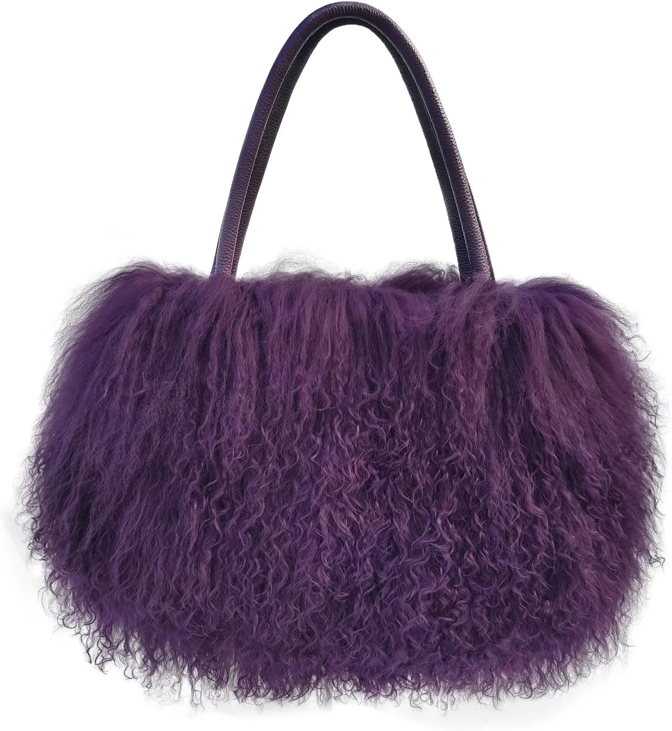 Women Luxury Real Lamb Mongolian Flush Wool Fur With Genuine Leather Handles Handbag
