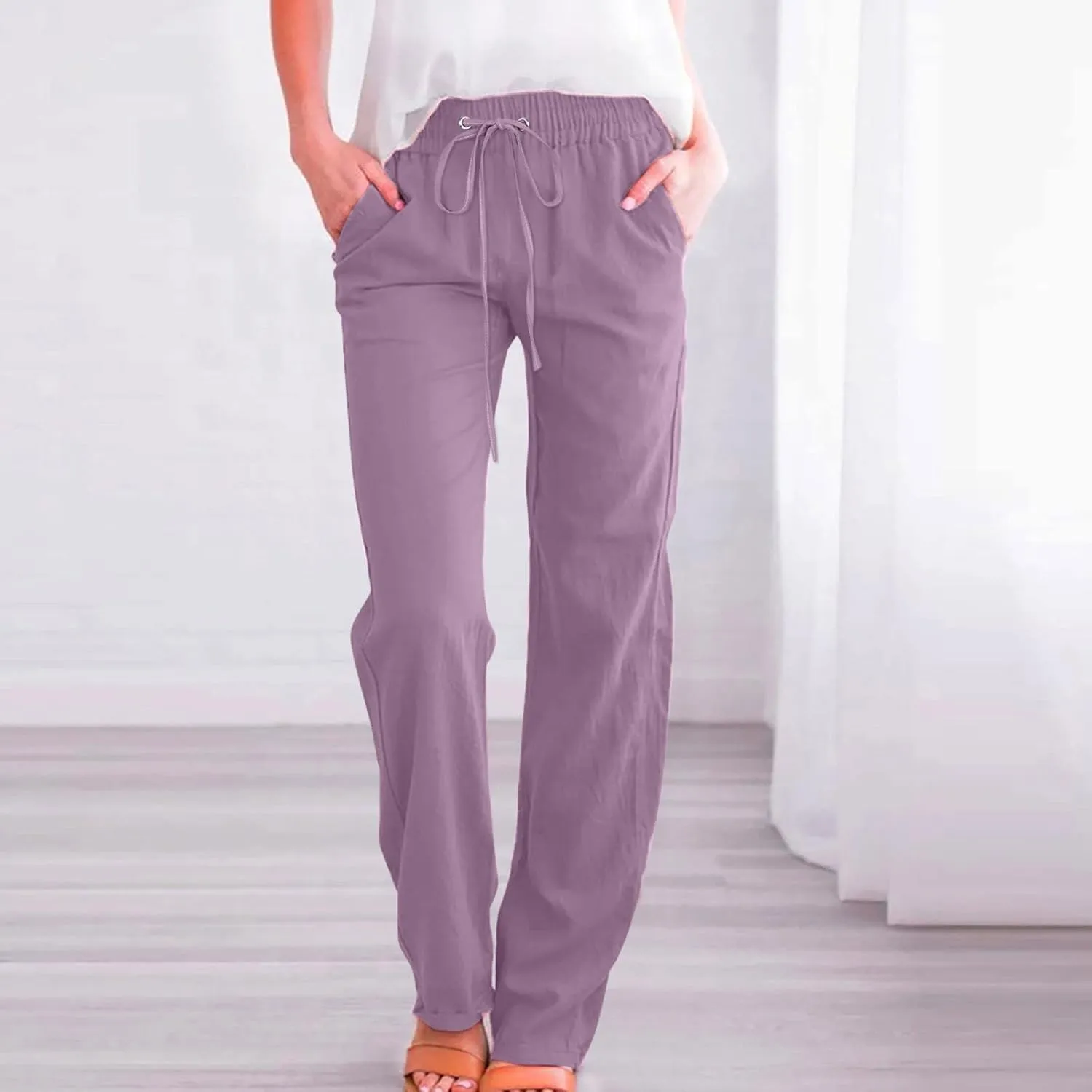 Women Pants Trendy Pull On Linen Pants Summer 2024 Trendy Straight Leg Elastic Waisted Palazzo Trouser With Pocket