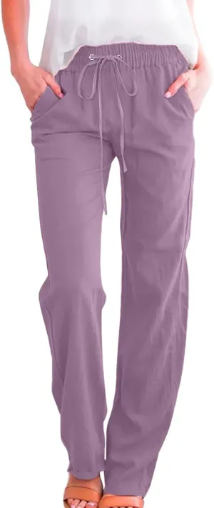 Women Pants Trendy Pull On Linen Pants Summer 2024 Trendy Straight Leg Elastic Waisted Palazzo Trouser With Pocket