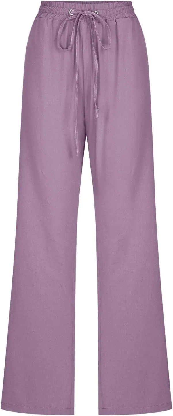 Women Pants Trendy Pull On Linen Pants Summer 2024 Trendy Straight Leg Elastic Waisted Palazzo Trouser With Pocket