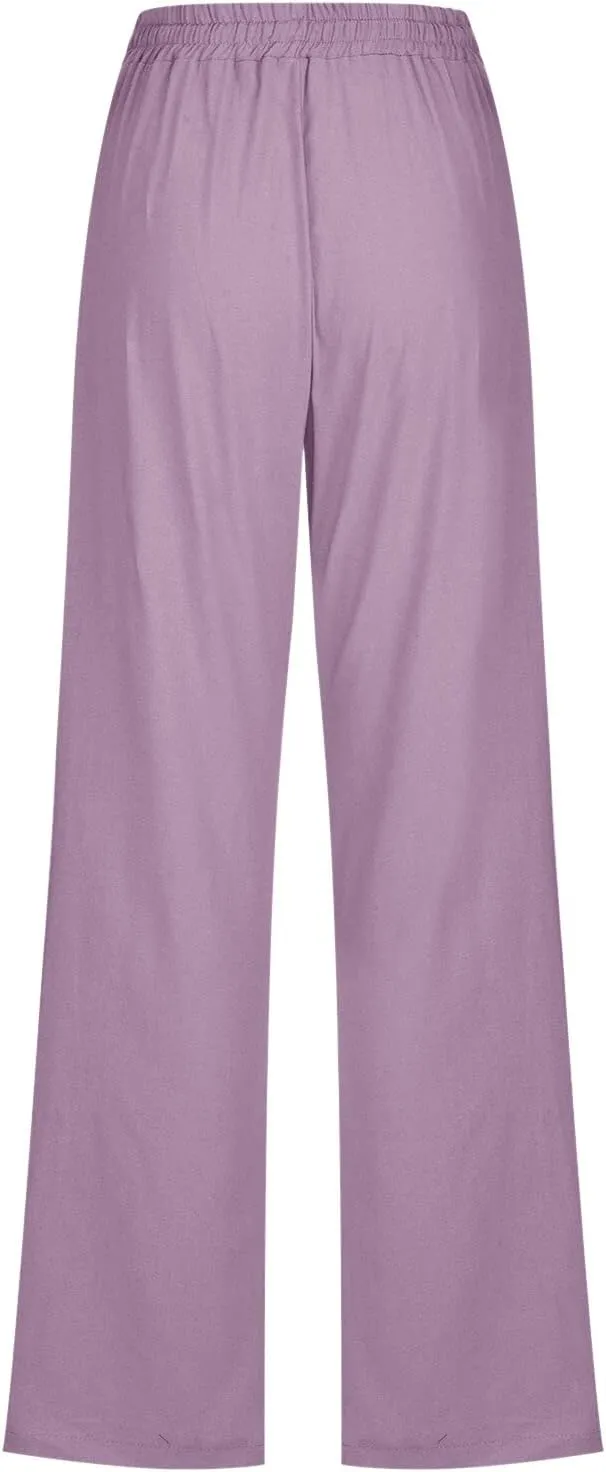 Women Pants Trendy Pull On Linen Pants Summer 2024 Trendy Straight Leg Elastic Waisted Palazzo Trouser With Pocket