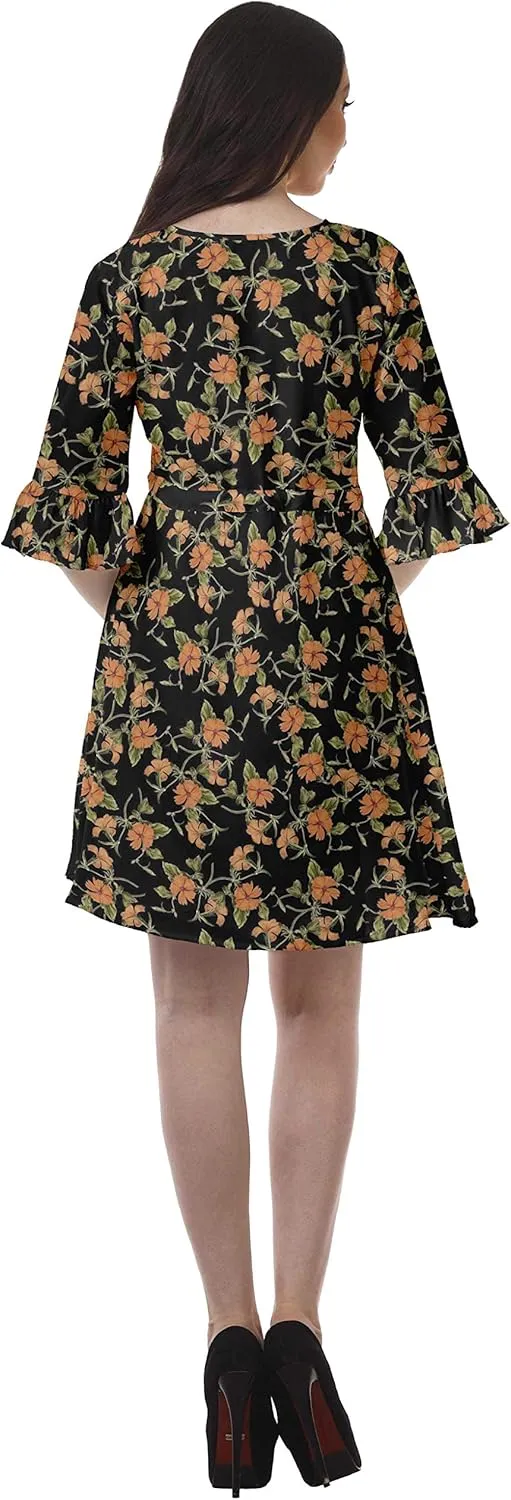 Women Printed Drawstring Mini Dress V Neck Ruffle Sleeves Summer Dress