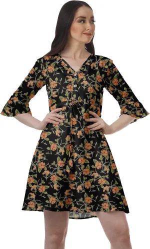 Women Printed Drawstring Mini Dress V Neck Ruffle Sleeves Summer Dress