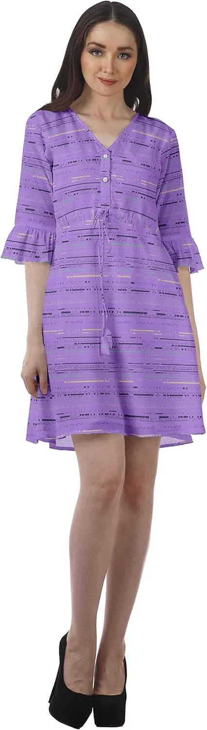 Women Printed Drawstring Mini Dress V Neck Ruffle Sleeves Summer Dress
