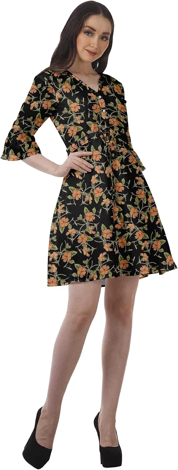 Women Printed Drawstring Mini Dress V Neck Ruffle Sleeves Summer Dress