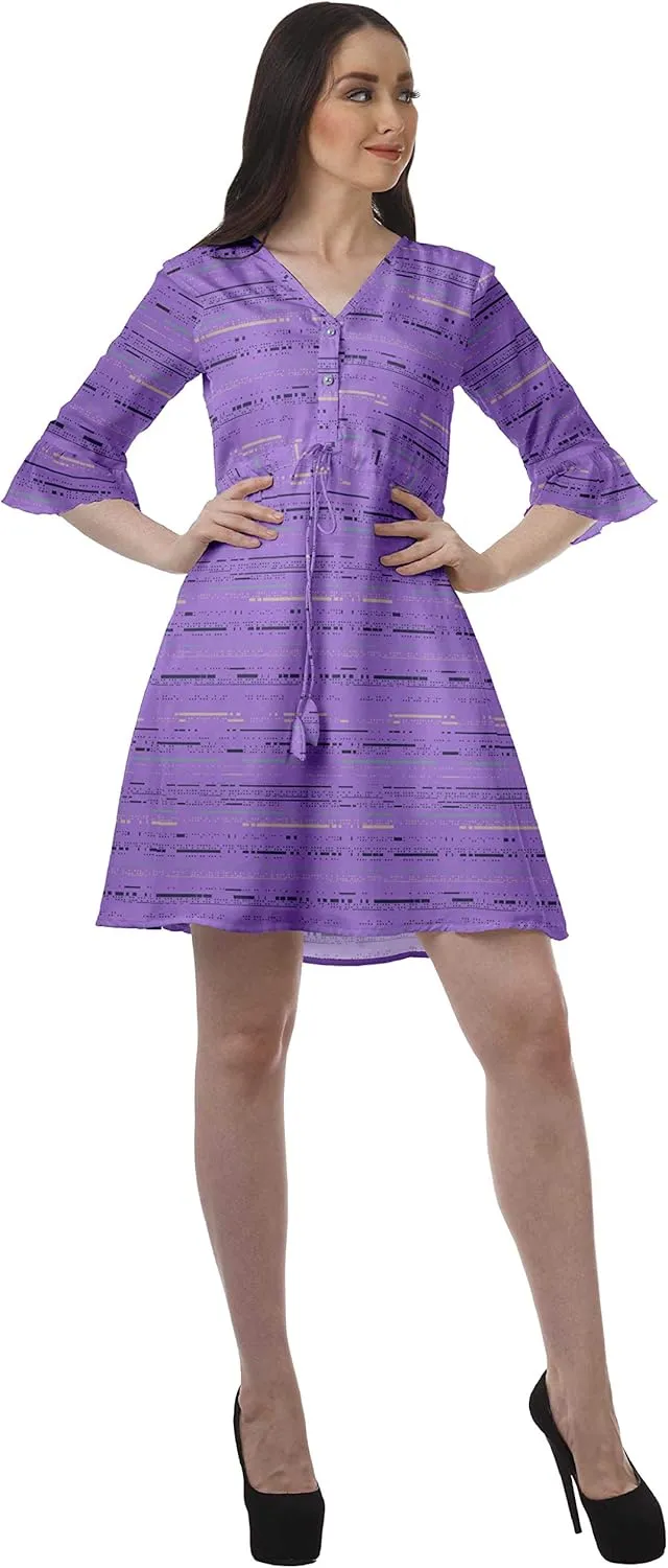 Women Printed Drawstring Mini Dress V Neck Ruffle Sleeves Summer Dress