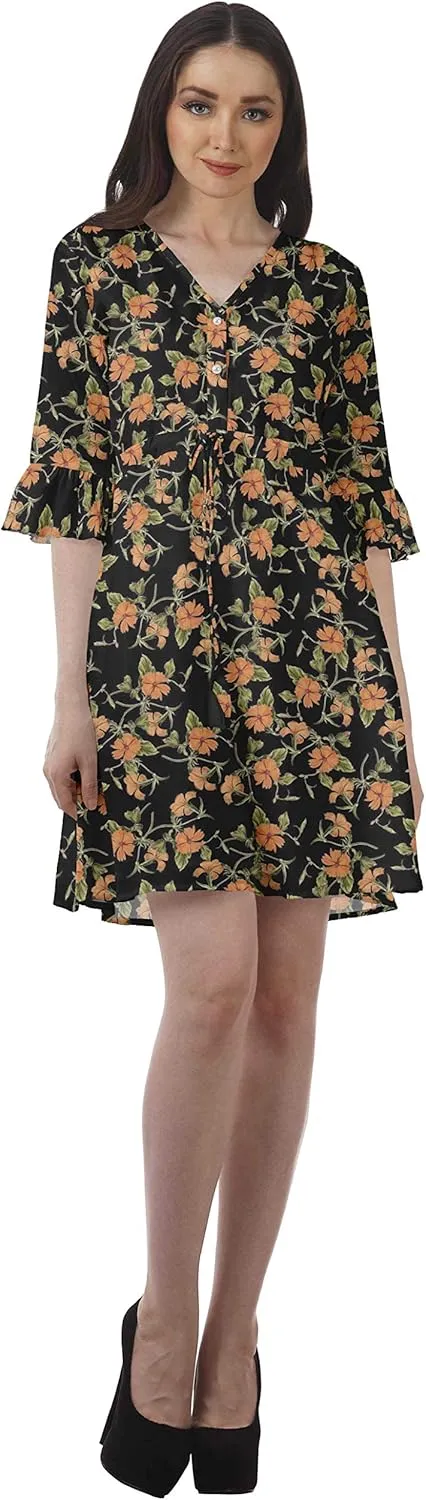 Women Printed Drawstring Mini Dress V Neck Ruffle Sleeves Summer Dress