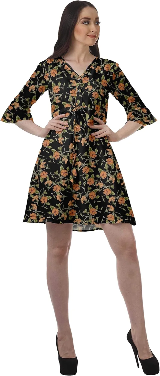 Women Printed Drawstring Mini Dress V Neck Ruffle Sleeves Summer Dress