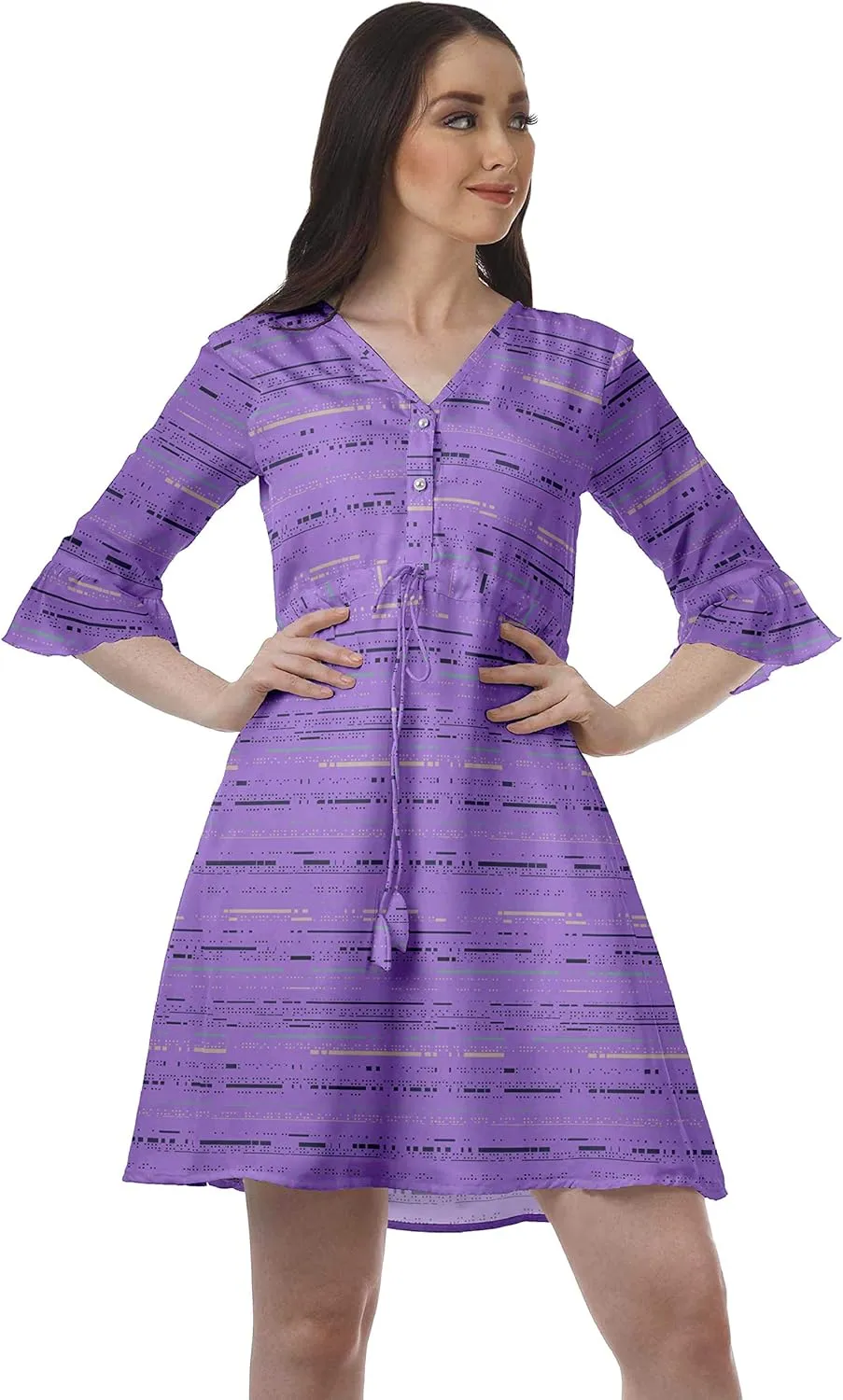 Women Printed Drawstring Mini Dress V Neck Ruffle Sleeves Summer Dress