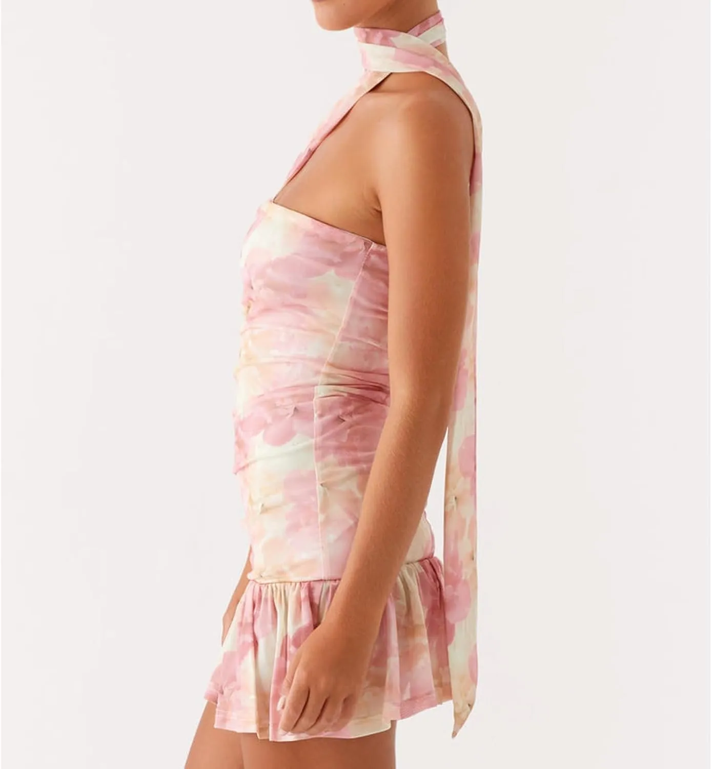 Women Strapless Mini Dress with Neck Scarf Y2k Ruffle Summer Backless Bodycon Short Tube Dresses