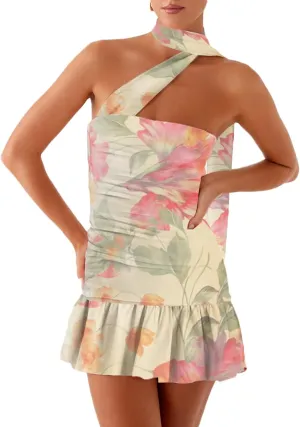 Women Strapless Mini Dress with Neck Scarf Y2k Ruffle Summer Backless Bodycon Short Tube Dresses