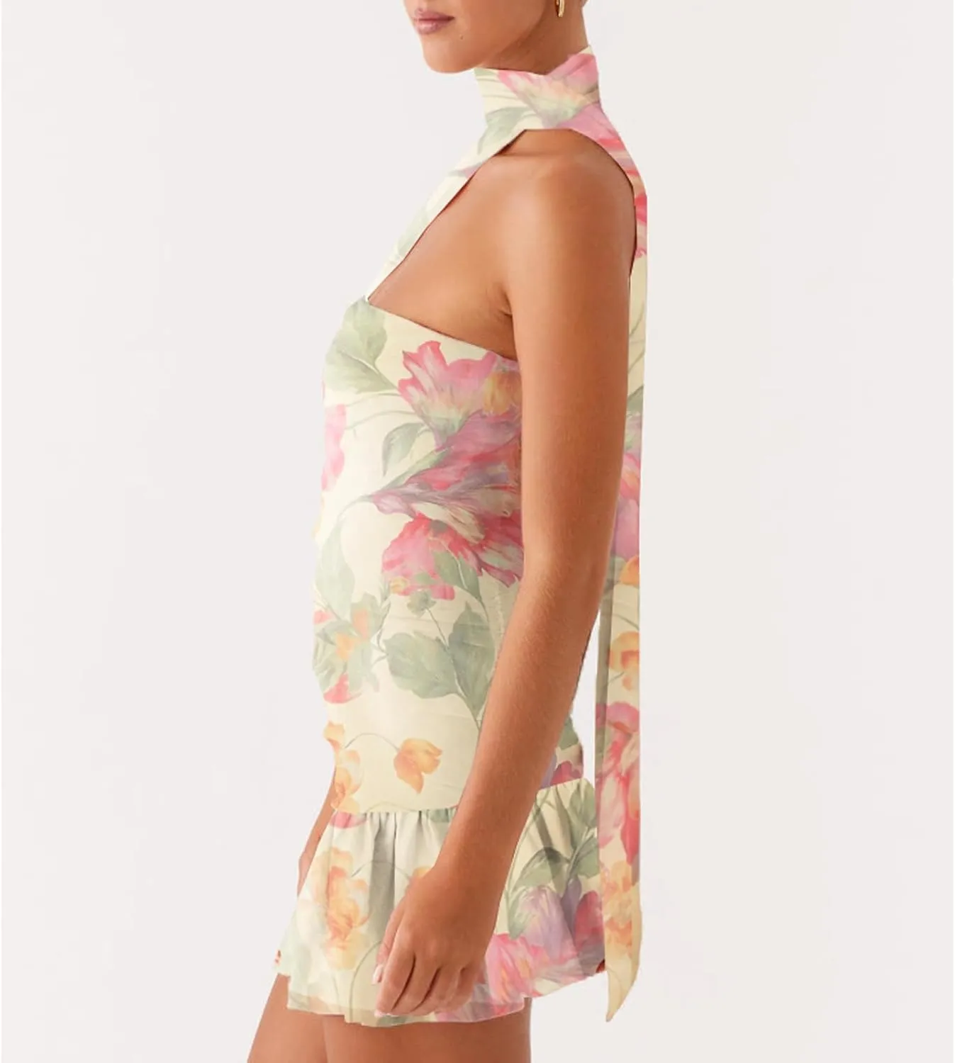 Women Strapless Mini Dress with Neck Scarf Y2k Ruffle Summer Backless Bodycon Short Tube Dresses
