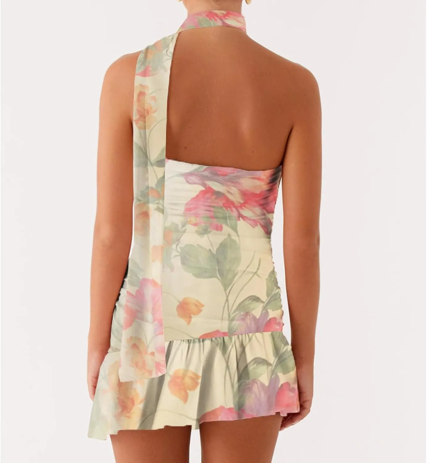 Women Strapless Mini Dress with Neck Scarf Y2k Ruffle Summer Backless Bodycon Short Tube Dresses