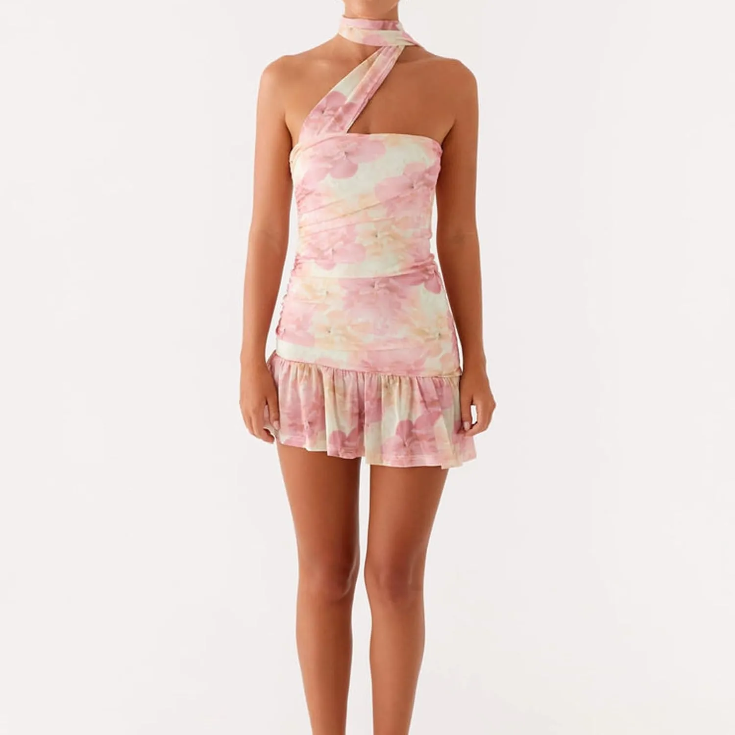 Women Strapless Mini Dress with Neck Scarf Y2k Ruffle Summer Backless Bodycon Short Tube Dresses